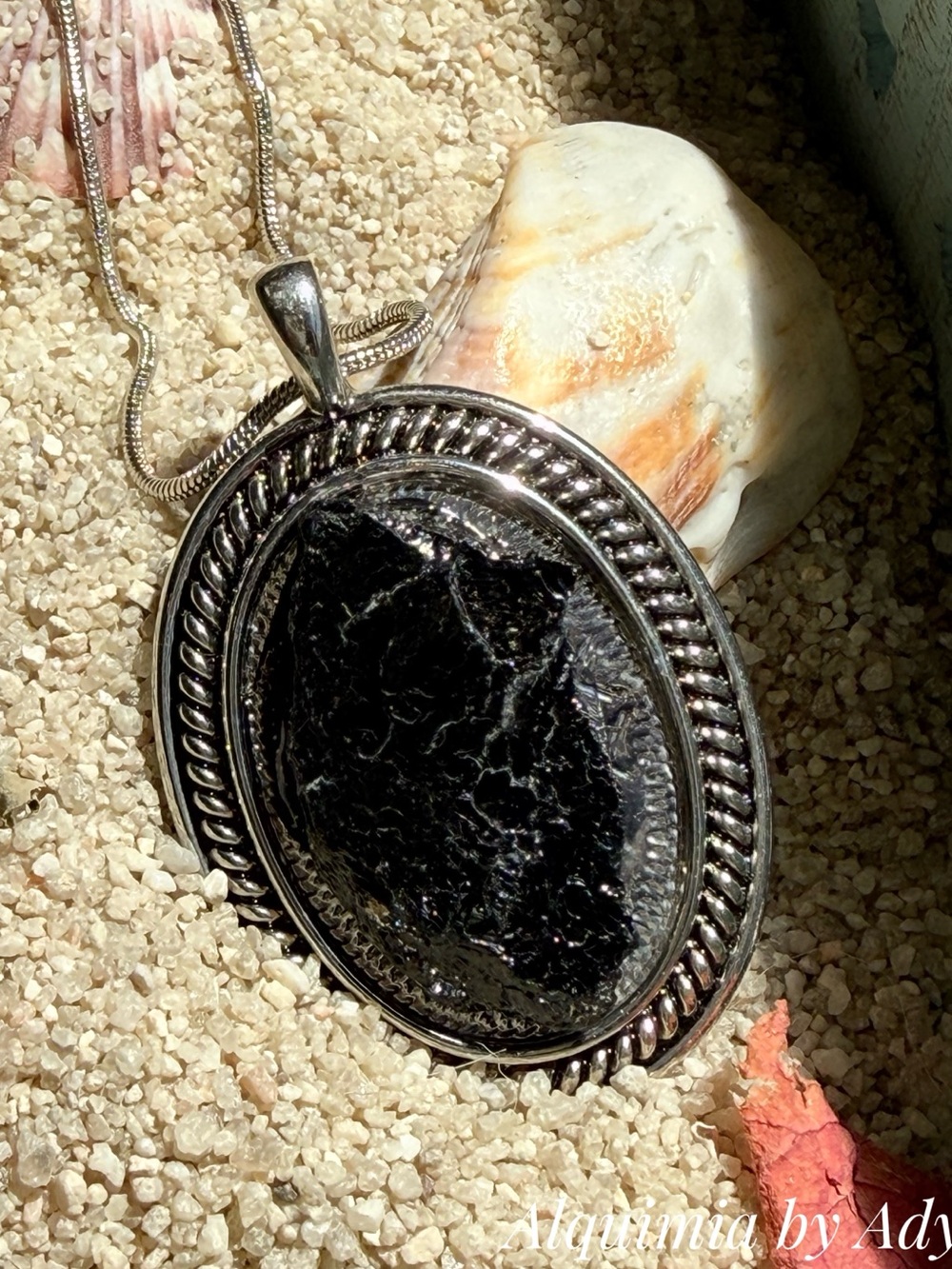 Silver Oval Pendant Necklace with Black big RAW TOURMALINE Stone